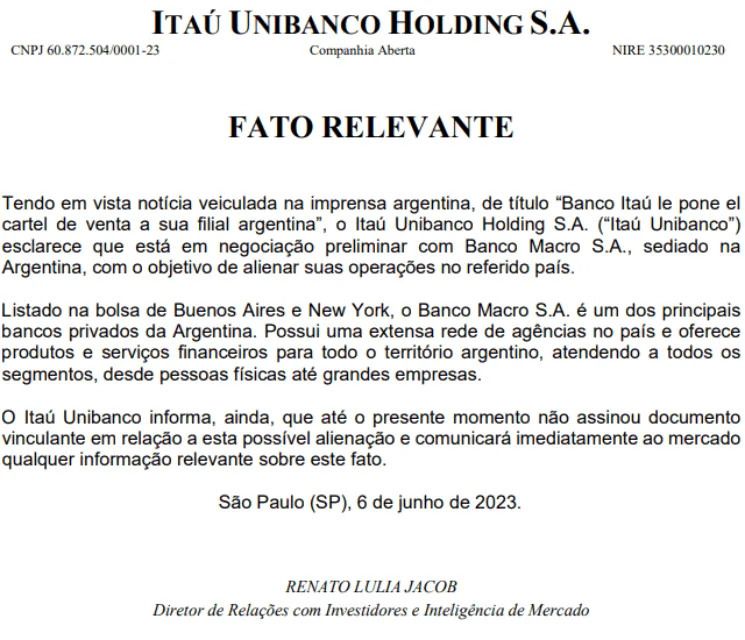 Comunicado Banco Itaú