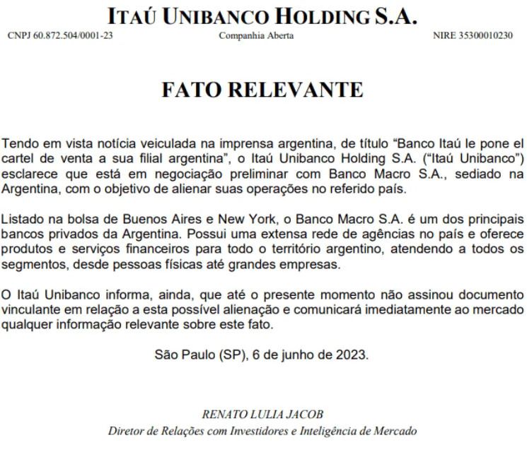 Comunicado Banco Itaú