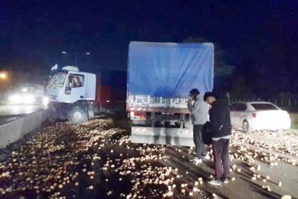 Camionero chocó con el guardarrail y volcó la carga de papas en la ruta