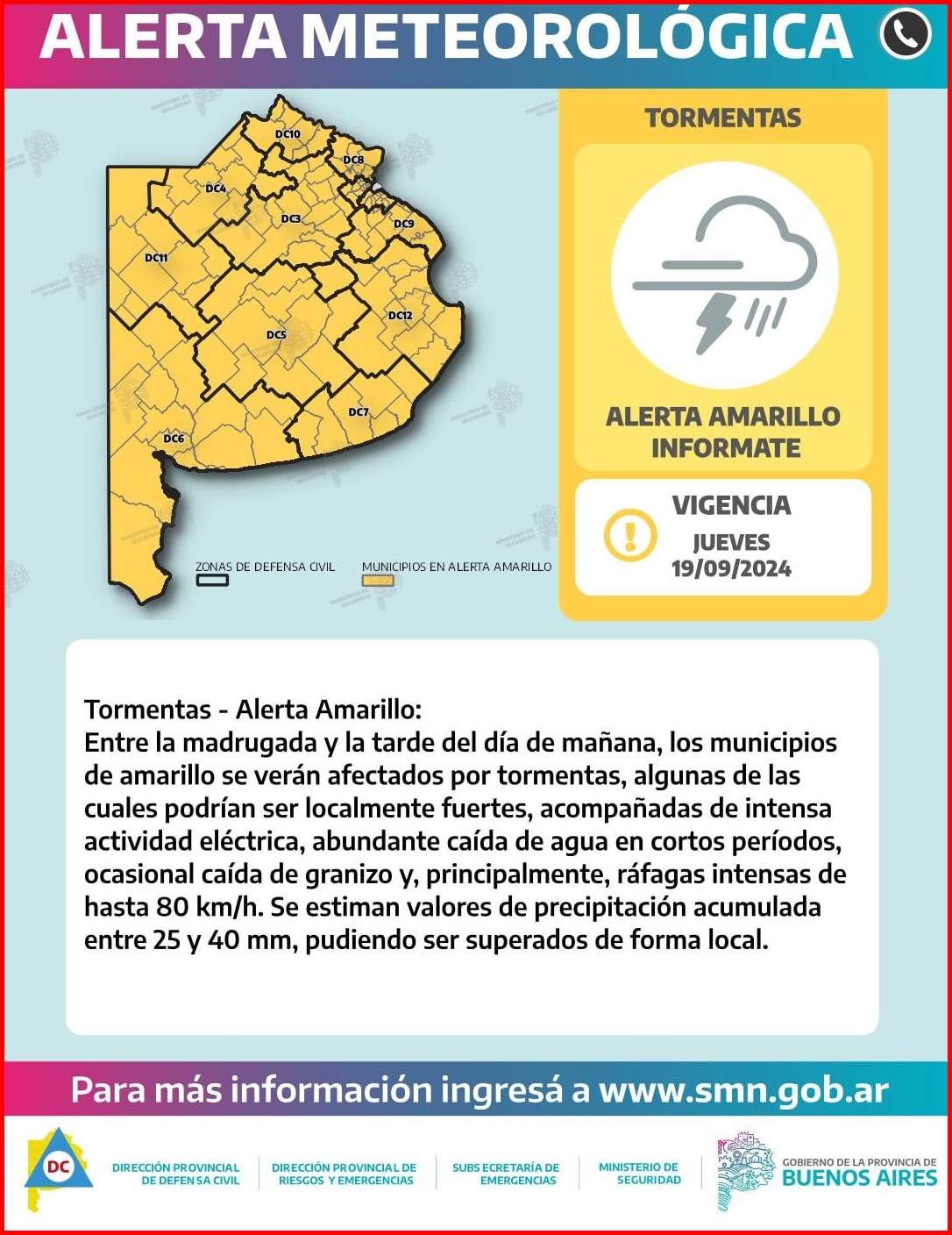 Toda la Provincia de Buenos Aires en alerta por tormentas fuertes