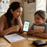 Madre e hija revisando en el celular la aprobación del programa vouchers educativos 2026 en argentina.