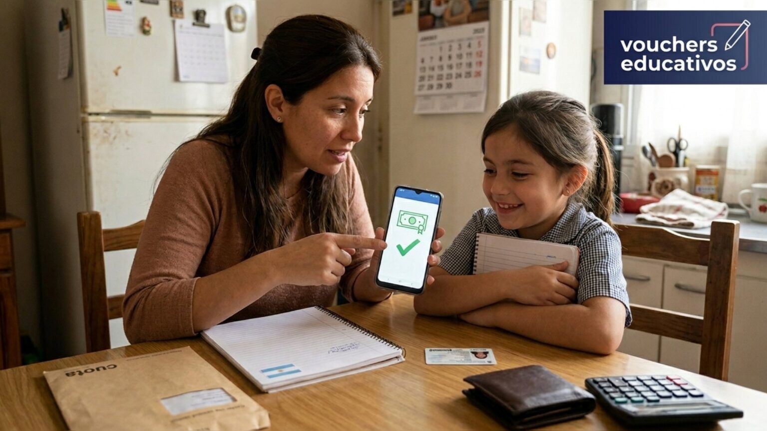 Madre e hija revisando en el celular la aprobación del programa vouchers educativos 2026 en argentina.