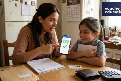 Madre e hija revisando en el celular la aprobación del programa vouchers educativos 2026 en argentina.