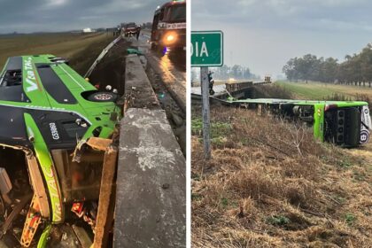 Volcó un micro en carmen de areco y cayó de un puente durante el temporal: hay varios heridos