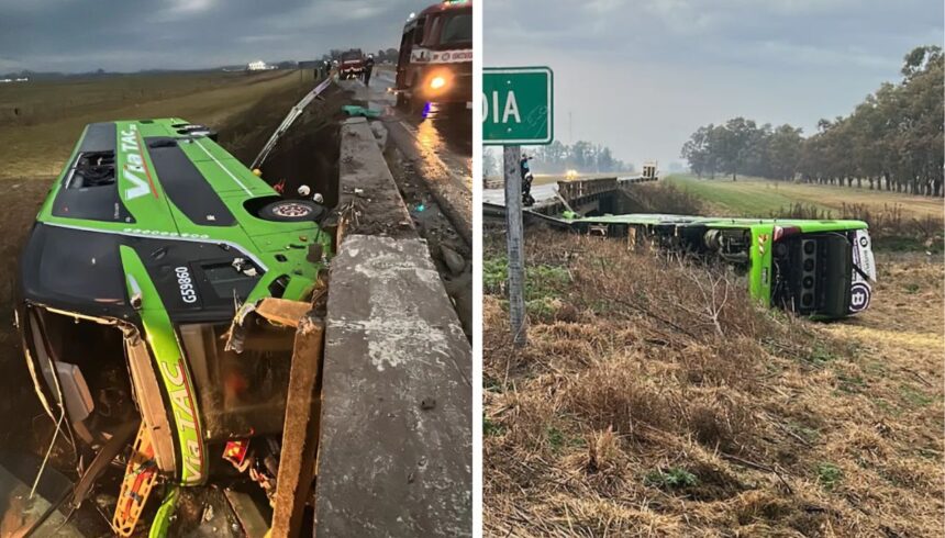 Volcó un micro en carmen de areco y cayó de un puente durante el temporal: hay varios heridos