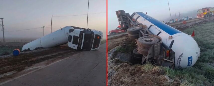 Ruta 205 totalmente cortada por el vuelco de un camión con gas licuado en roque pérez