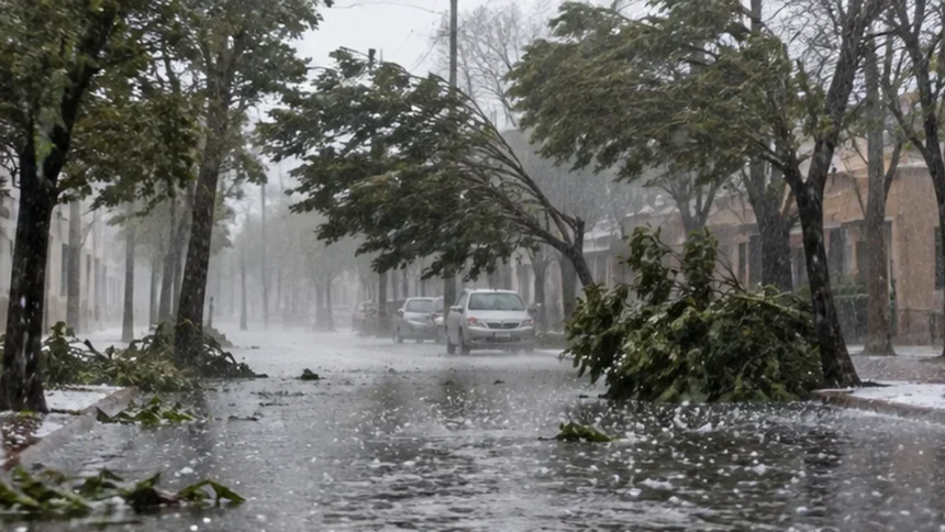 Calle bonaerense bajo una tormenta intensa con lluvia, viento y ramas caídas