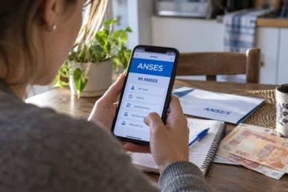 Persona consulta mi anses en el celular junto a dinero y documentación