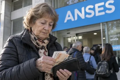 Jubilada contando pesos frente a una oficina de anses durante el calendario de pagos