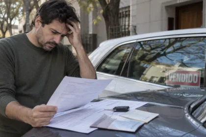 Hombre preocupado revisando papeles de un auto vendido