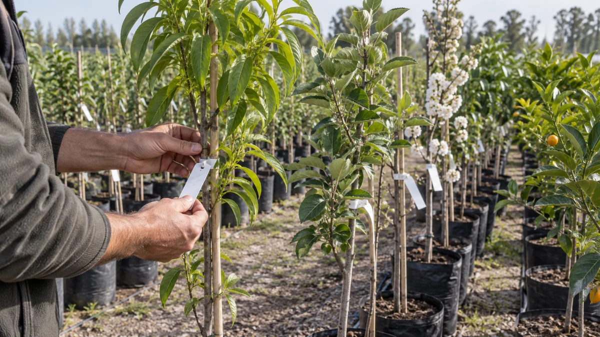 Último día: la provincia entregará 6. 800 árboles frutales y hoy cierra una inscripción clave 2 Manos revisan el etiquetado de árboles frutales en un vivero de la provincia de buenos aires