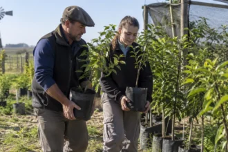 Trabajadores trasladan árboles frutales jóvenes en un vivero rural bonaerense