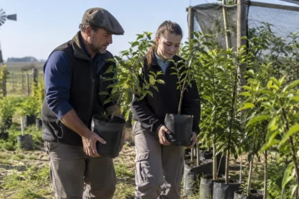 Trabajadores trasladan árboles frutales jóvenes en un vivero rural bonaerense