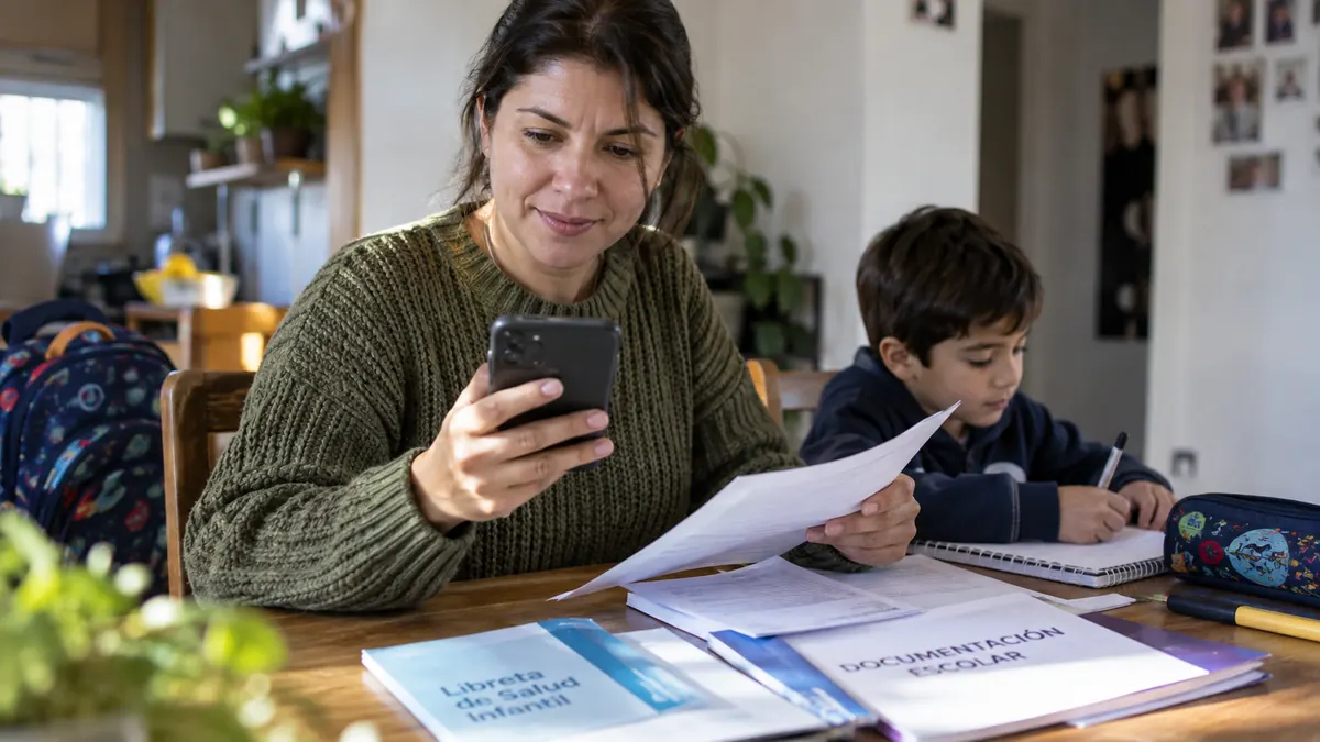Madre revisa documentación escolar y un celular mientras su hijo realiza tareas