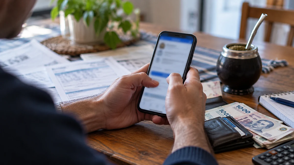 Auh y suaf: el presupuesto 2027 propone un cambio clave en los aumentos automáticos 3 Persona revisando información de prestaciones sociales desde un celular junto a documentación y pesos argentinos