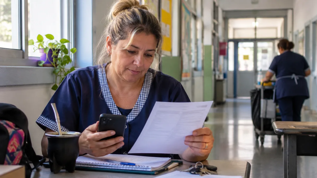 Auxiliares bonaerenses: el dato del último acuerdo que cambia el aumento y ya impacta en septiembre 2 Trabajadora auxiliar en una escuela revisa un documento y su teléfono