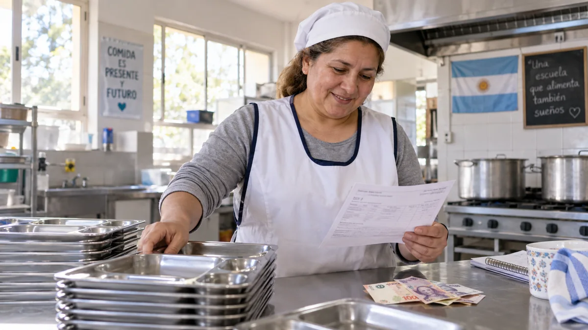 Auxiliar de cocina escolar bonaerense revisando un documento en una escuela pública