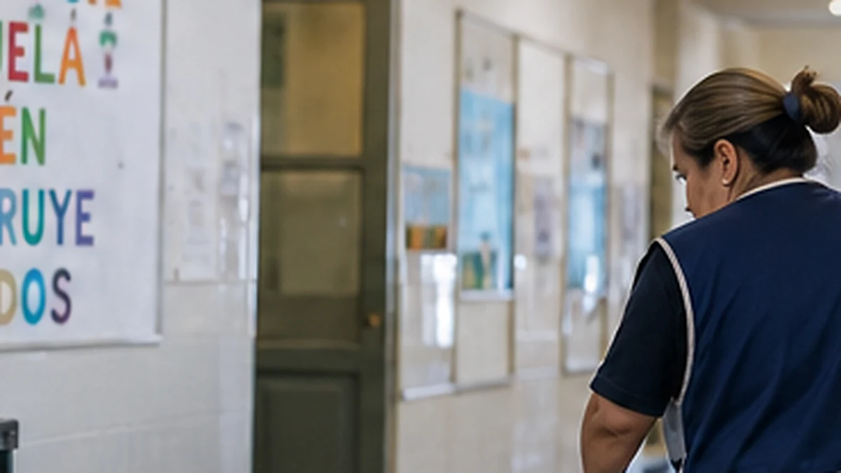 Auxiliares bonaerenses: septiembre vuelve a poner sobre la mesa un cambio esperado desde hace años 2 Trabajadora auxiliar realizando tareas en una escuela bonaerense