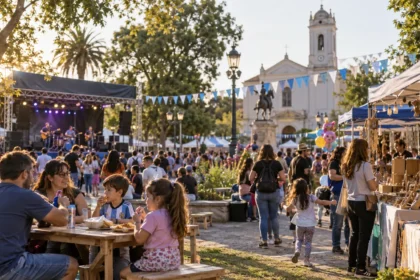 Fiesta popular en la plaza de un pueblo bonaerense con feria, escenario y familias recorriendo el lugar