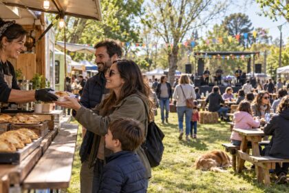 Familias disfrutando de puestos gastronómicos y música al aire libre en una fiesta rural
