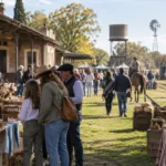 Feria rural junto a una estación antigua con público y puestos artesanales