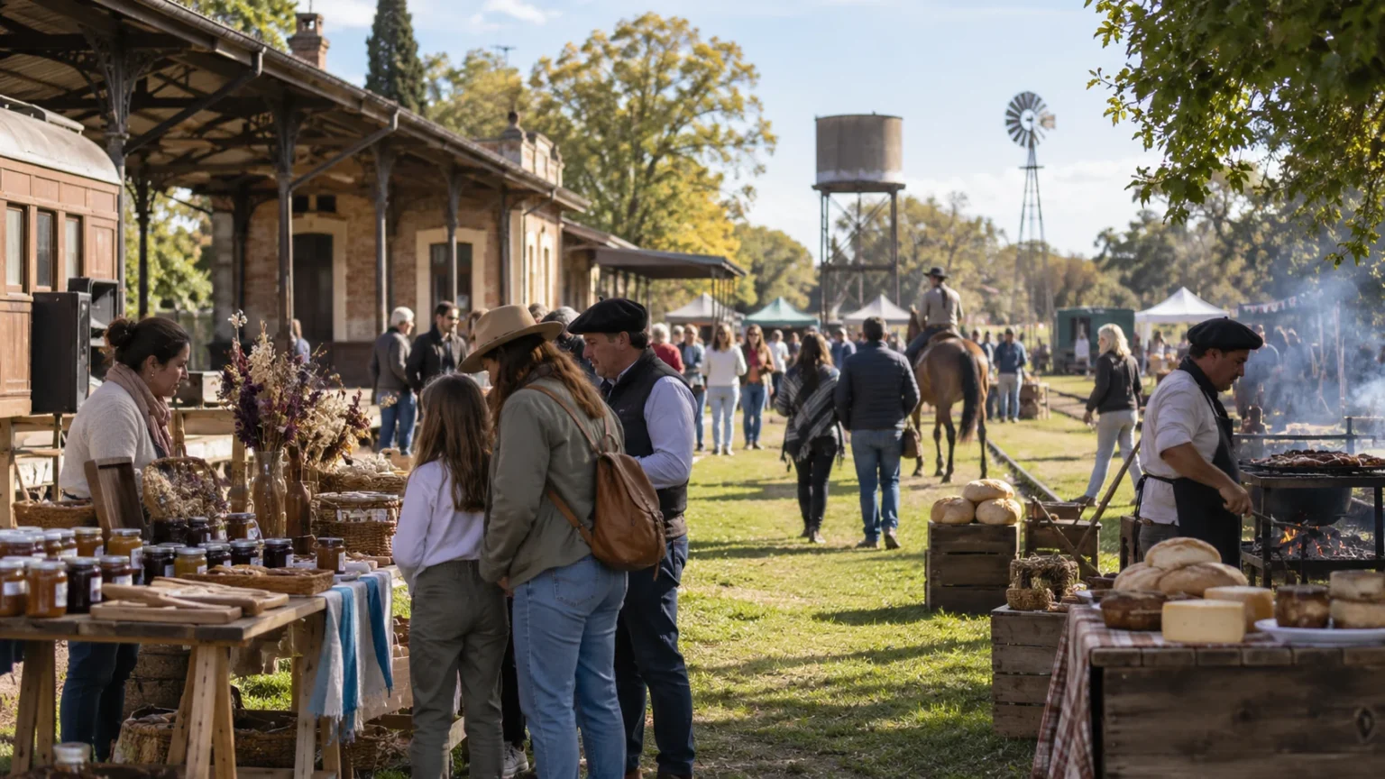 Feria rural junto a una estación antigua con público y puestos artesanales