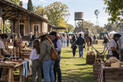 Feria rural junto a una estación antigua con público y puestos artesanales