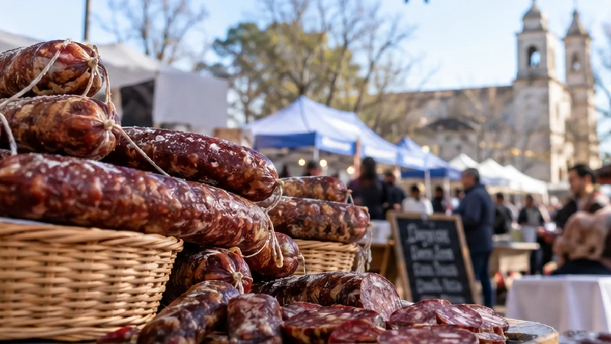 Puesto gastronómico durante una celebración popular con visitantes y productores