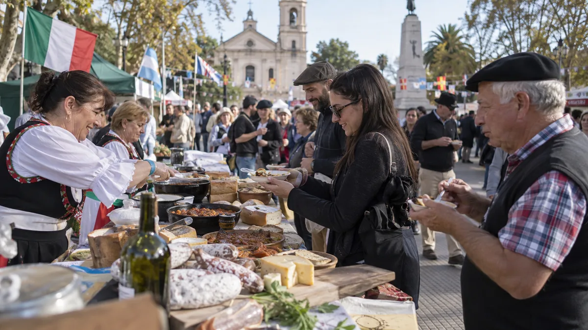 Este domingo una ciudad bonaerense tendrá un concurso de sabores del mundo en plena fiesta del inmigrante 2 Puesto gastronómico con platos típicos y visitantes en una fiesta popular