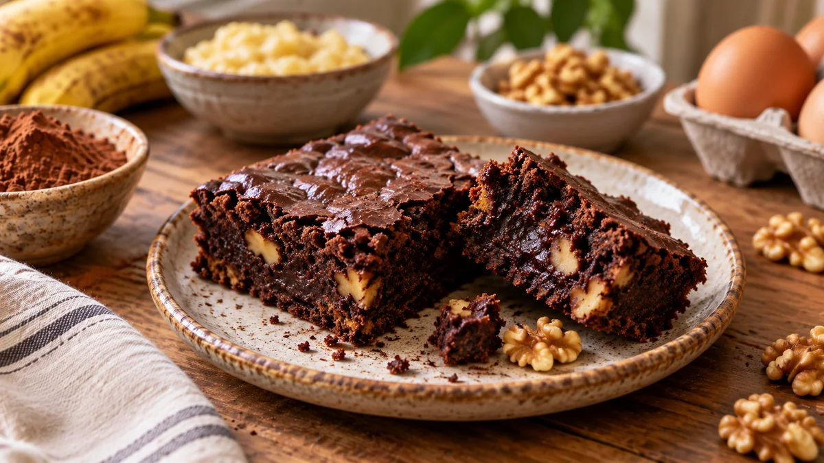 Sin azúcar y sin harina: el brownie de chocolate y banana que queda húmedo y se hace en pocos pasos 3 Porción de brownie casero de chocolate y nueces servida en un plato rústico