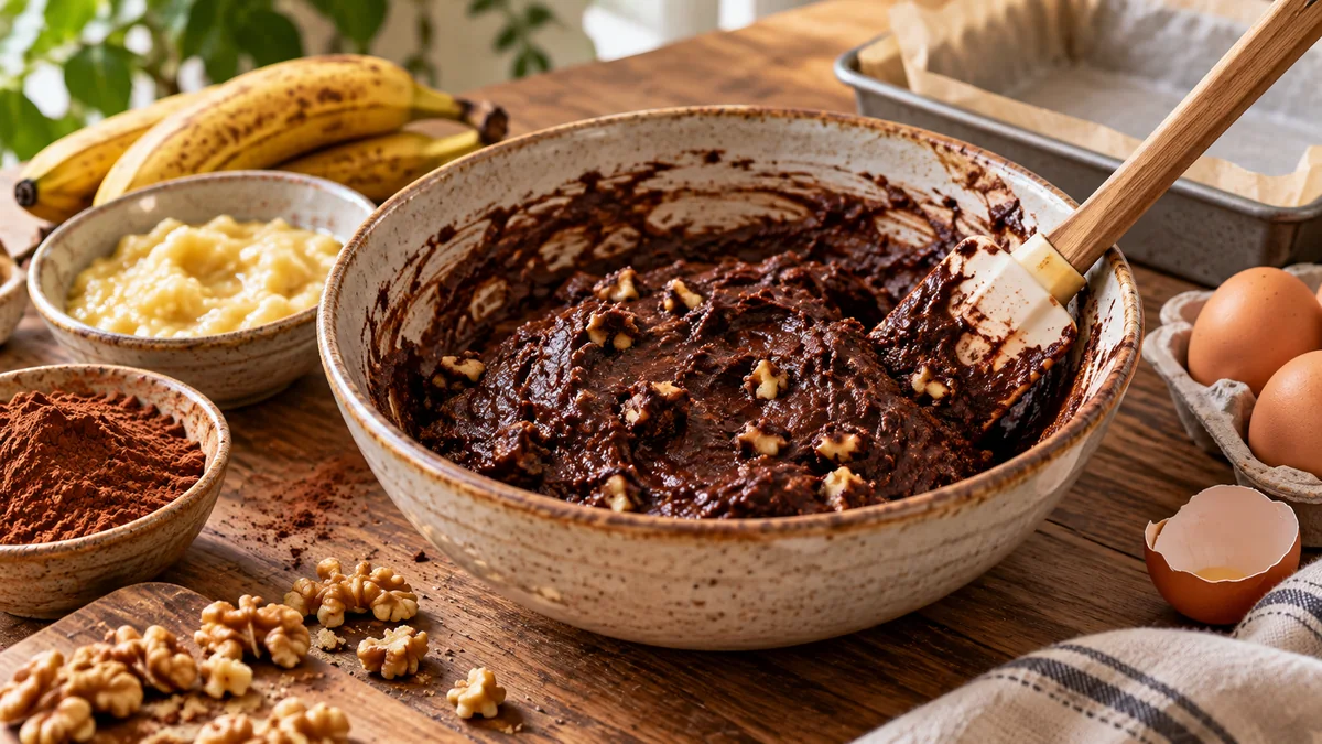 Sin azúcar y sin harina: el brownie de chocolate y banana que queda húmedo y se hace en pocos pasos 2 Mezcla de brownie de chocolate, banana y nueces en un bowl sobre una mesa de cocina