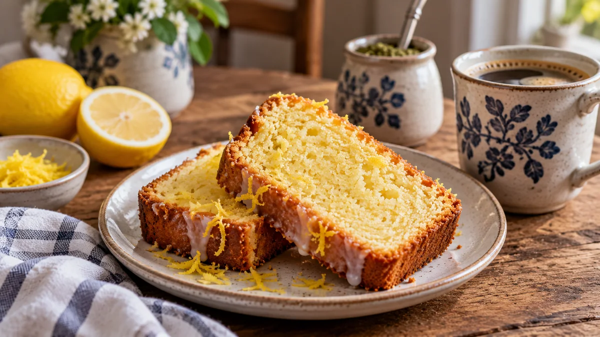 Sin azúcar: el budín de limón esponjoso que perfuma toda la cocina y se hace en pocos pasos 3 Porción de budín de limón servida en un plato junto a una taza de café