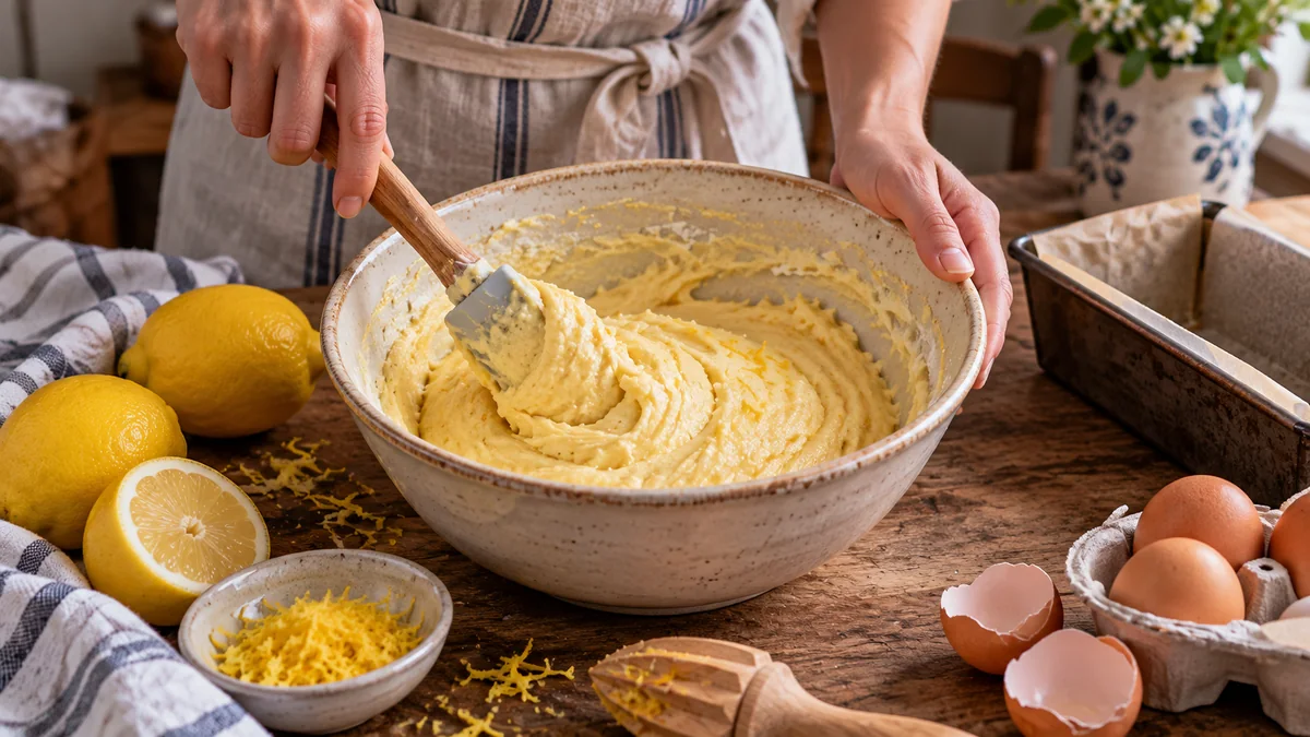 Sin azúcar: el budín de limón esponjoso que perfuma toda la cocina y se hace en pocos pasos 2 Persona mezclando la masa de un budín de limón junto a limones y un molde listo para horno