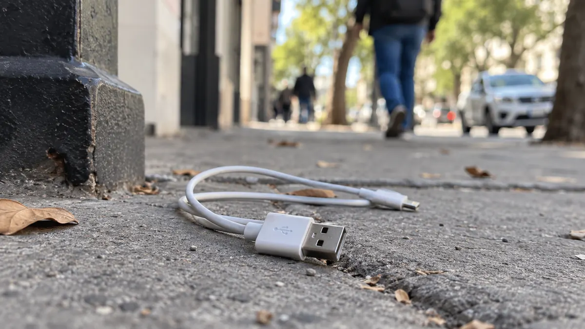 Alerta en la provincia por cables usb “perdidos” en la calle: cómo funciona la nueva estafa 2 Cable usb de origen desconocido tirado sobre una vereda