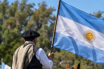 Jinete con bandera argentina durante una celebración tradicional bonaerense
