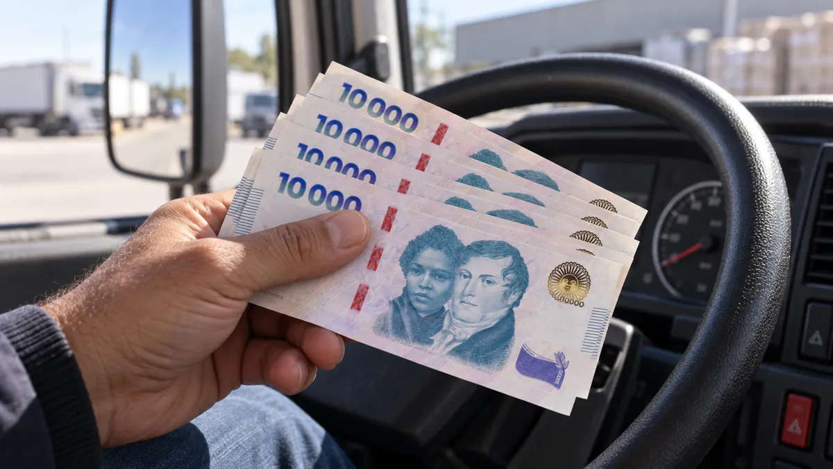 Paritarias camioneros 2026: ya rige la escala de agosto y crece la expectativa por la próxima revisión 2 Billetes argentinos dentro de la cabina de un camión