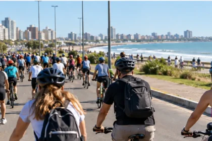 Multitud de ciclistas recorriendo la costa de mar del plata durante una jornada familiar