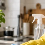 Persona limpiando una mesada con guantes en una cocina luminosa