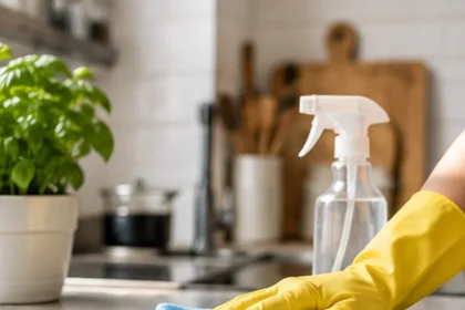 Persona limpiando una mesada con guantes en una cocina luminosa