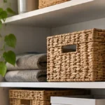 Estantería ordenada con cajas, toallas y plantas en un hogar luminoso