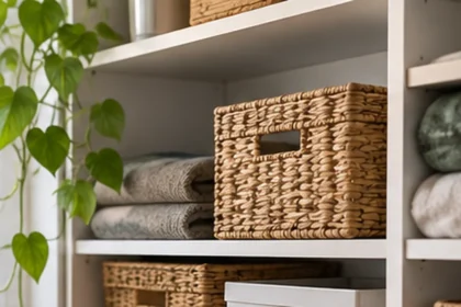 Estantería ordenada con cajas, toallas y plantas en un hogar luminoso