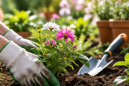 Manos trabajando en un jardín con flores y herramientas de jardinería