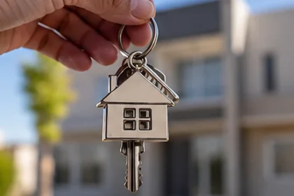 Llaves de una casa frente a una vivienda nueva