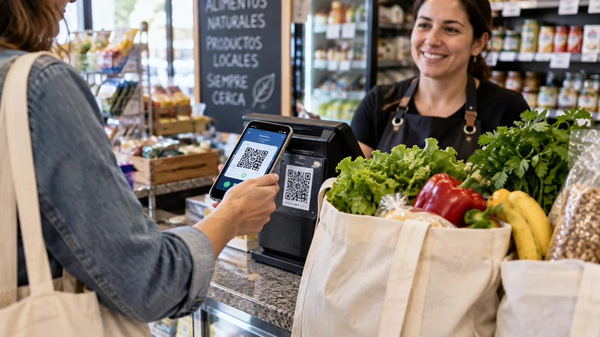 Cuenta dni: el descuento que se puede sumar a otro beneficio y llevar el ahorro hasta 35% 2 Clienta pagando con el celular por qr en un comercio de cercanía con alimentos frescos