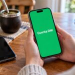 Persona sosteniendo un celular con cuenta dni y otro teléfono sobre la mesa
