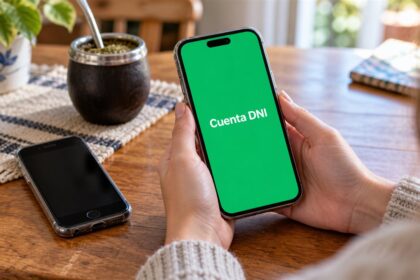 Persona sosteniendo un celular con cuenta dni y otro teléfono sobre la mesa
