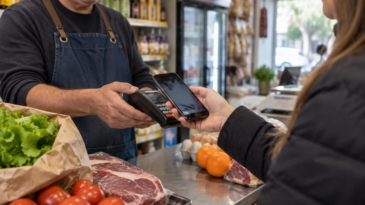 Persona acerca un celular a una terminal de pago en un comercio de barrio