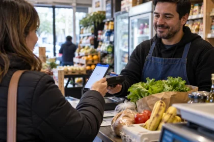 Cliente paga con el celular en un comercio de cercanía de la provincia de buenos aires