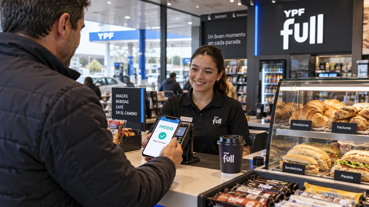 Cuenta dni: este fin de semana hay 25% en dos rubros y cada beneficio devuelve hasta $8. 000 2 Cliente pagando con el celular en una tienda full ypf con café y comida exhibida