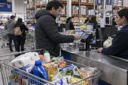 Cliente pagando con el celular en la caja de un supermercado mayorista